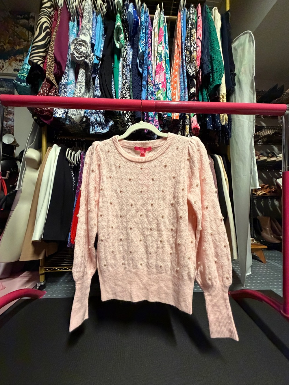 Lilly Pulitzer Eda Sweater - Pink Blossom Pearl Embellished Puff Sleeve - XS